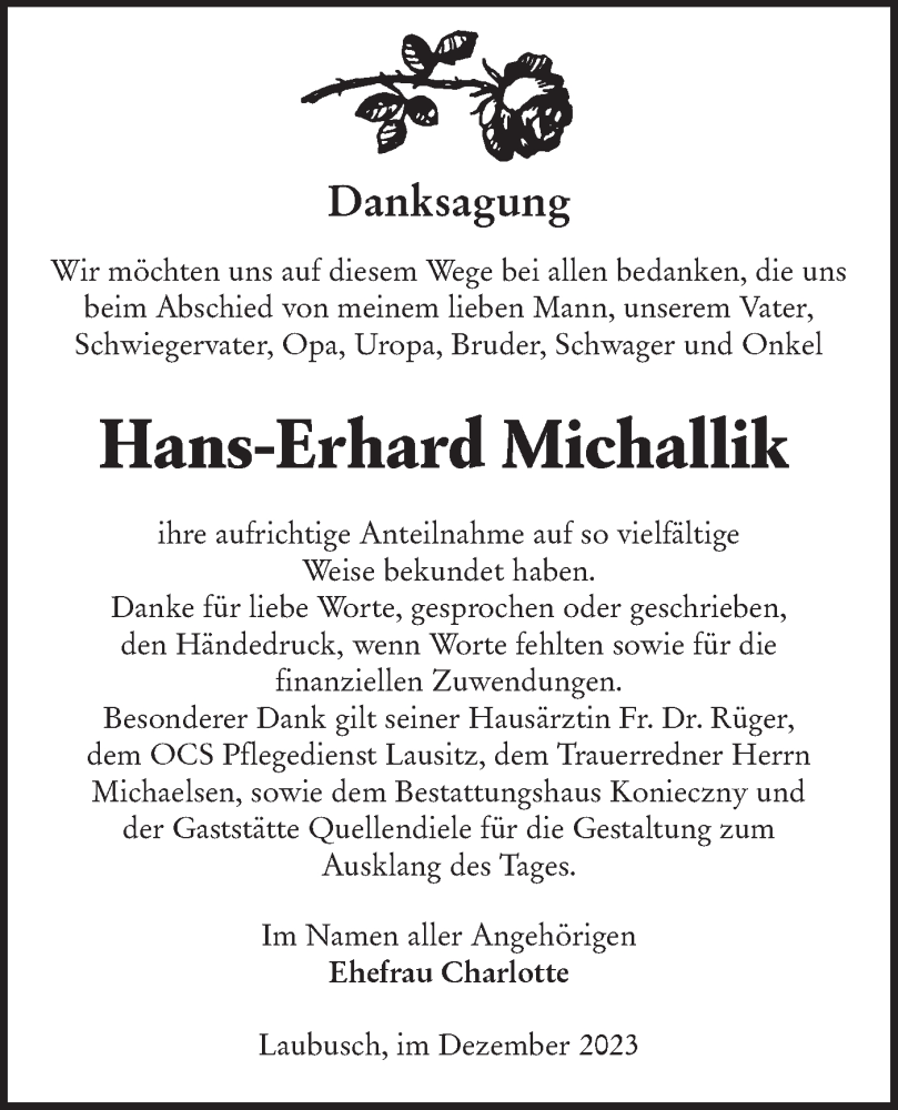  Traueranzeige für Hans-Erhard Michallik vom 23.12.2023 aus Lausitzer Rundschau