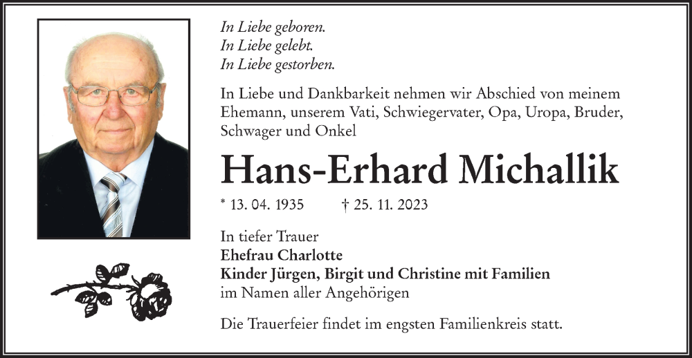  Traueranzeige für Hans-Erhard Michallik vom 02.12.2023 aus Lausitzer Rundschau
