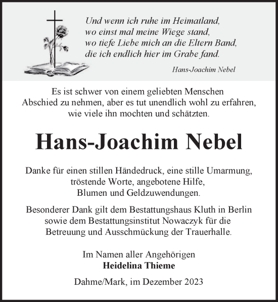 Traueranzeige von Hans-Joachim Nebel von Lausitzer Rundschau