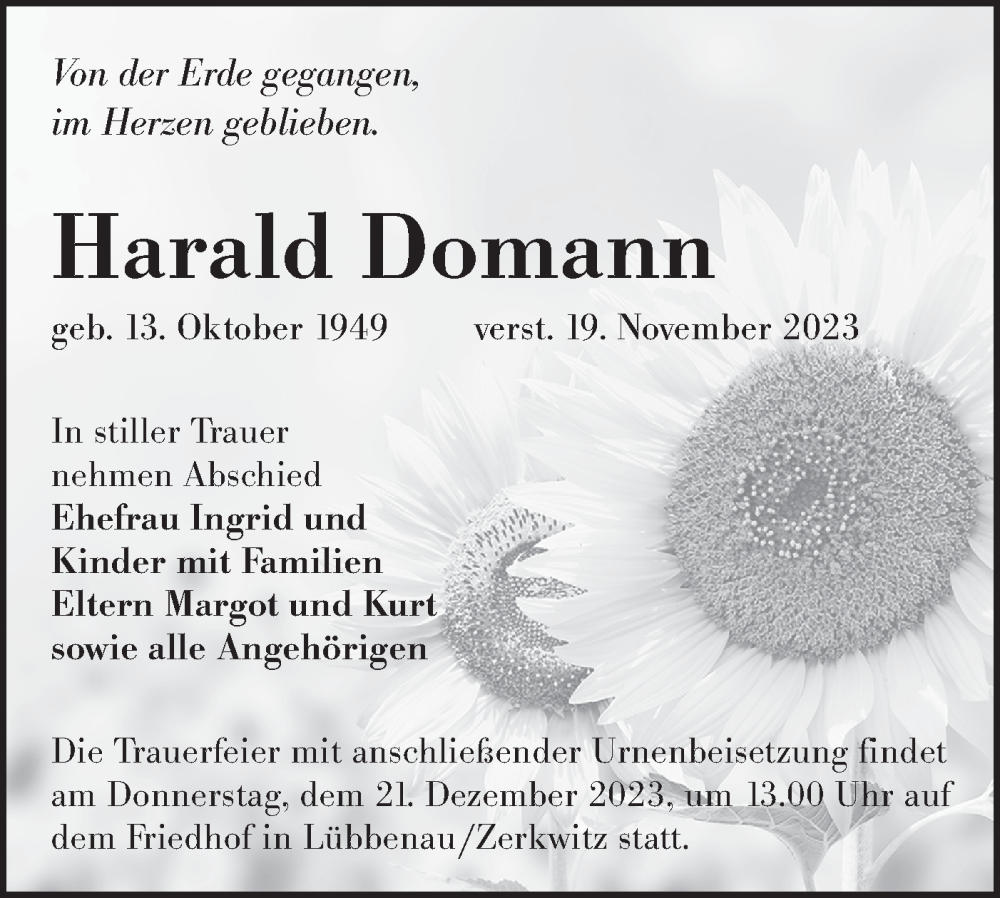  Traueranzeige für Harald Domann vom 09.12.2023 aus Lausitzer Rundschau