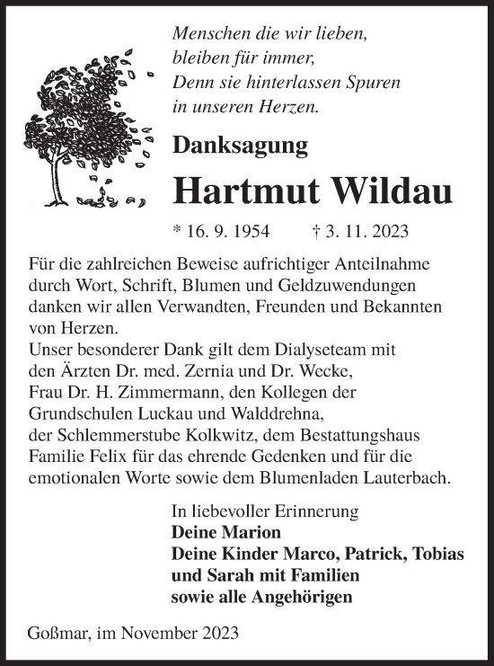 Traueranzeige von Hartmut Wildau von Lausitzer Rundschau
