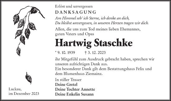 Traueranzeige von Hartwig Staschke von Lausitzer Rundschau
