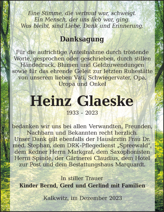 Traueranzeige von Heinz Glaeske von Lausitzer Rundschau
