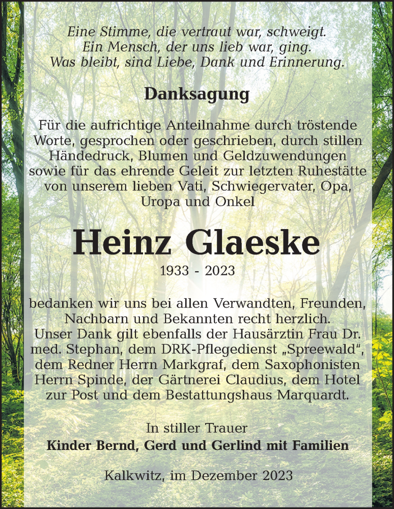  Traueranzeige für Heinz Glaeske vom 16.12.2023 aus Lausitzer Rundschau
