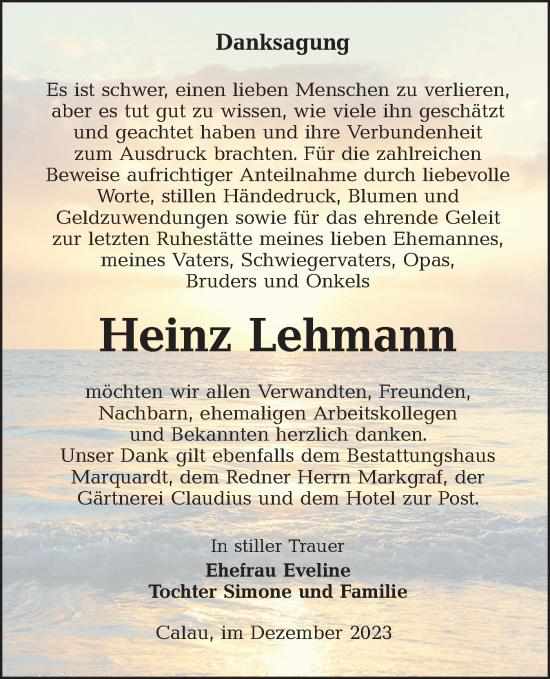 Traueranzeige von Heinz Lehmann von Lausitzer Rundschau