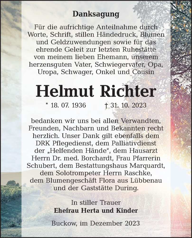  Traueranzeige für Helmut Richter vom 09.12.2023 aus Lausitzer Rundschau