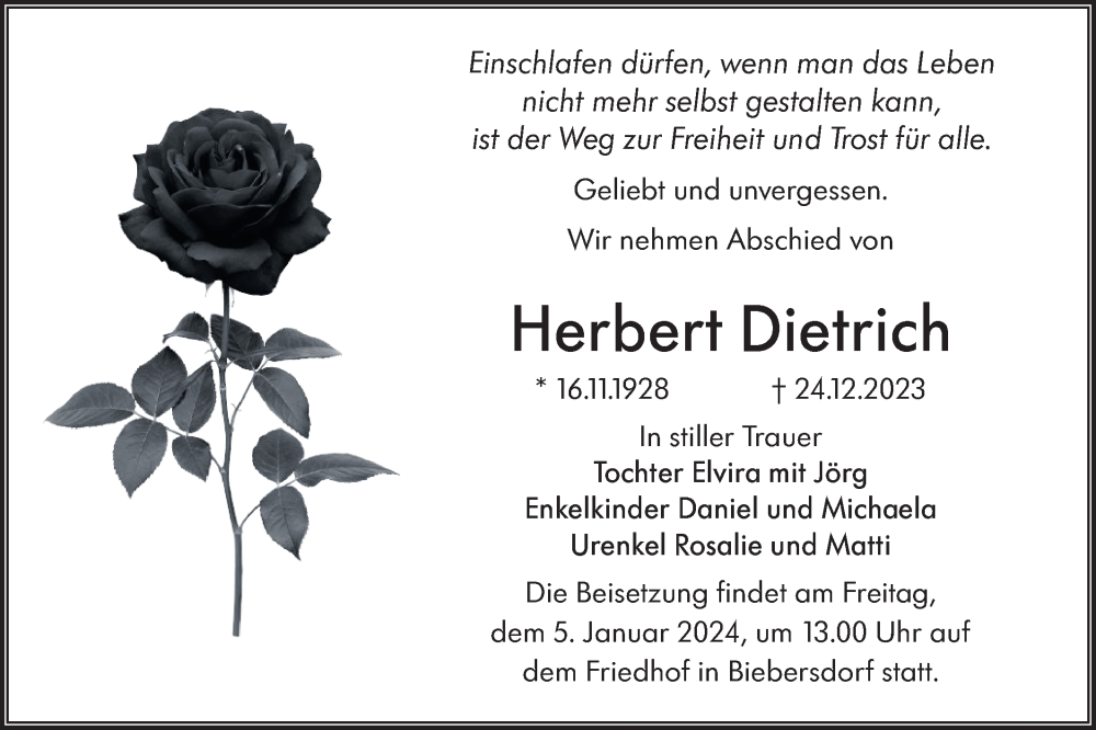  Traueranzeige für Herbert Dietrich vom 30.12.2023 aus Lausitzer Rundschau