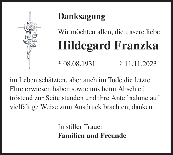 Traueranzeige von Hildegard Franzka von Lausitzer Rundschau