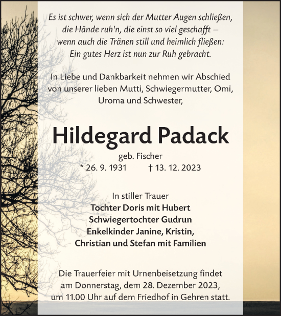 Traueranzeige von Hildegard Padack von Lausitzer Rundschau
