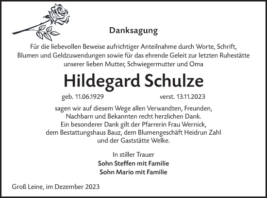 Traueranzeige von Hildegard Schulze von Lausitzer Rundschau