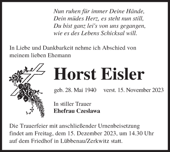 Traueranzeige von Horst Eisler von Lausitzer Rundschau