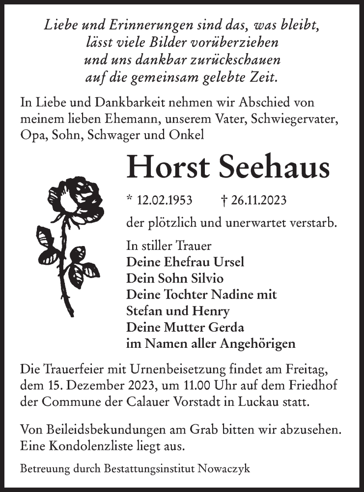  Traueranzeige für Horst Seehaus vom 02.12.2023 aus Lausitzer Rundschau