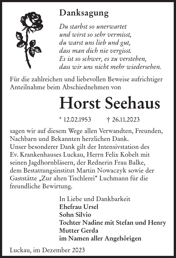  Traueranzeige für Horst Seehaus vom 23.12.2023 aus Lausitzer Rundschau