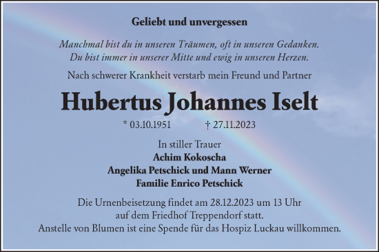 Traueranzeige von Hubemus Johannes Iselt von Lausitzer Rundschau