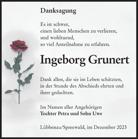 Traueranzeige von Ingeborg Grunert von Lausitzer Rundschau
