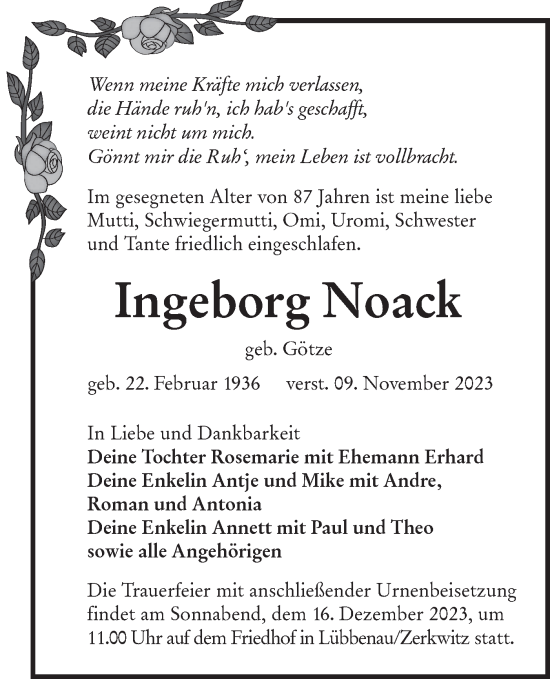 Traueranzeige von Ingeborg Noack von Lausitzer Rundschau