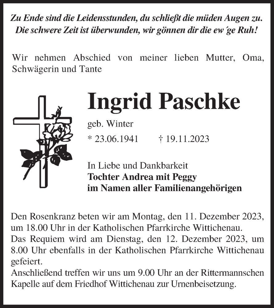 Traueranzeige für Ingrid Paschke vom 02.12.2023 aus Lausitzer Rundschau
