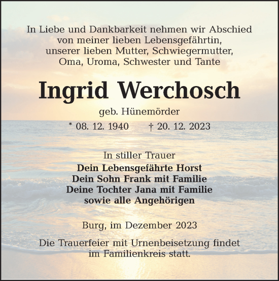 Traueranzeige von Ingrid Werchosch von Lausitzer Rundschau