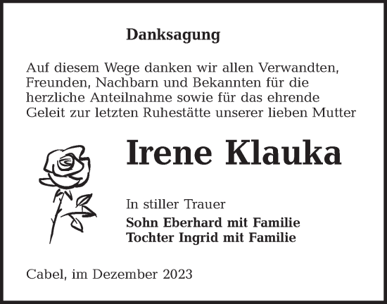 Traueranzeige von Irene Klauka von Lausitzer Rundschau