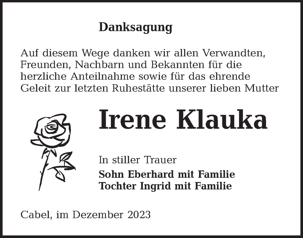  Traueranzeige für Irene Klauka vom 30.12.2023 aus Lausitzer Rundschau
