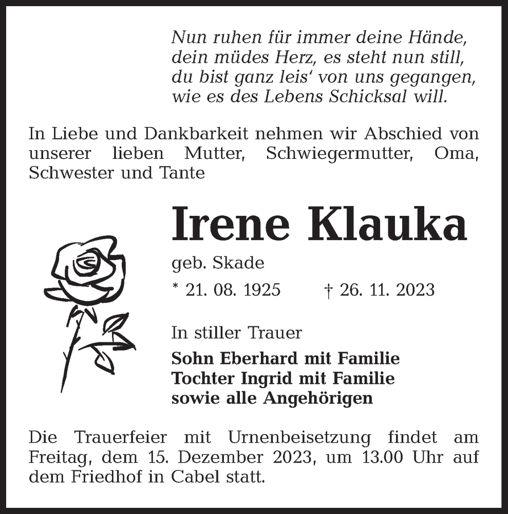  Traueranzeige für Irene Klauka vom 02.12.2023 aus Lausitzer Rundschau