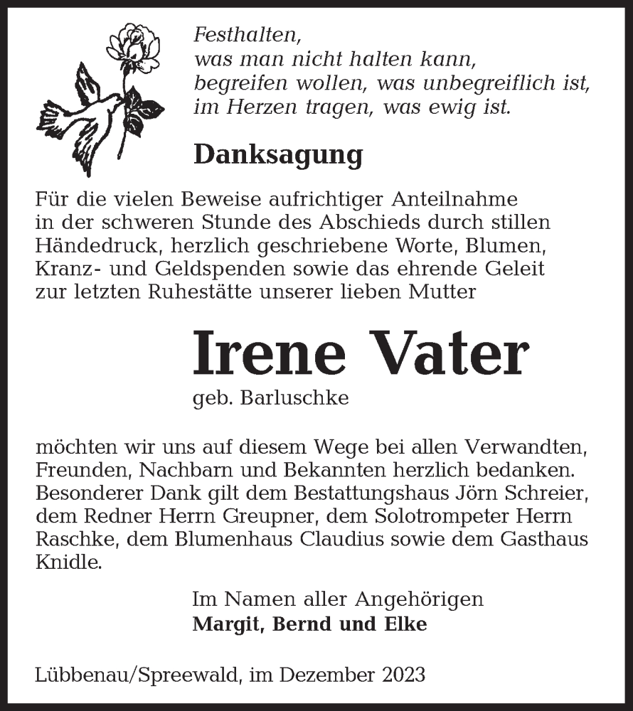  Traueranzeige für Irene Vater vom 23.12.2023 aus Lausitzer Rundschau