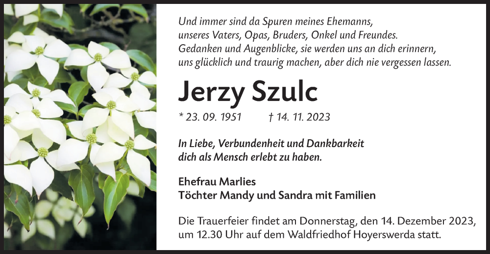  Traueranzeige für Jerzy Szulc vom 02.12.2023 aus Lausitzer Rundschau