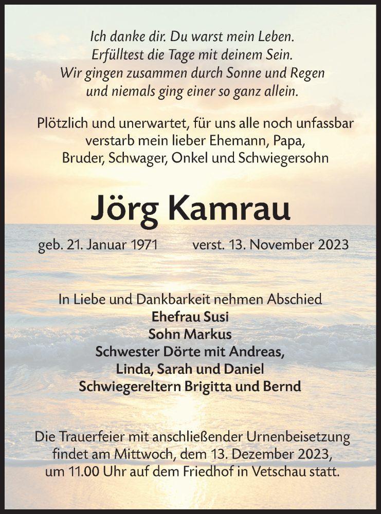  Traueranzeige für Jörg Kamrau vom 02.12.2023 aus Lausitzer Rundschau