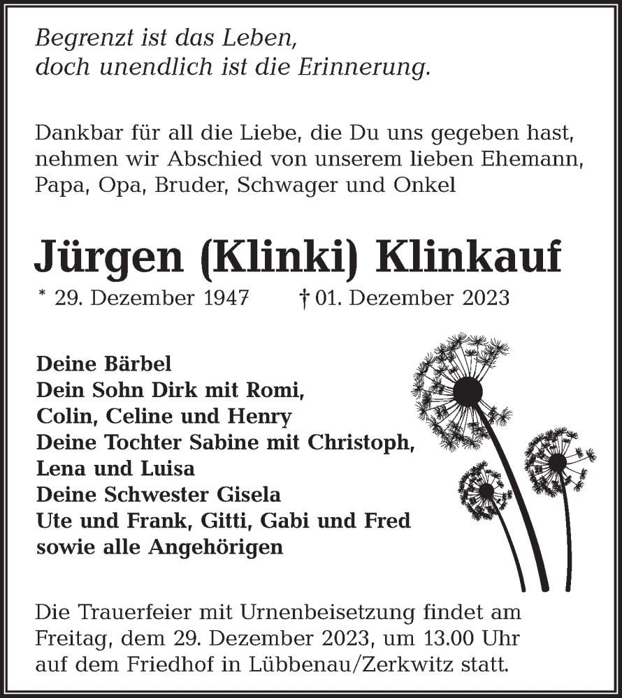  Traueranzeige für Jürgen Klinkauf vom 16.12.2023 aus Lausitzer Rundschau