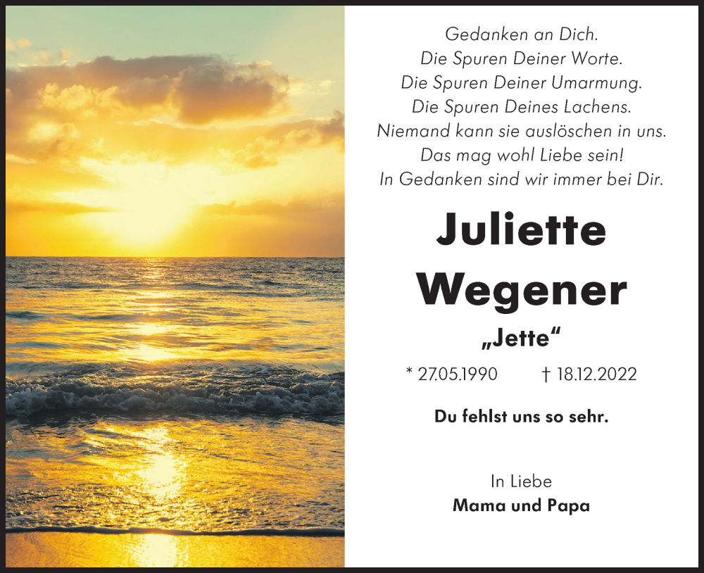  Traueranzeige für Juliette Wegener vom 18.12.2023 aus Lausitzer Rundschau