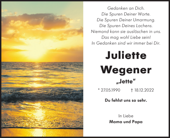 Traueranzeige von Juliette Wegener von Lausitzer Rundschau