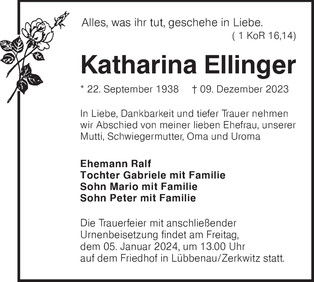  Traueranzeige für Katharina Ellinger vom 23.12.2023 aus Lausitzer Rundschau
