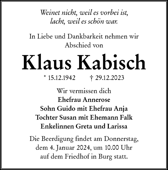 Traueranzeige von Klaus Kabisch von Lausitzer Rundschau