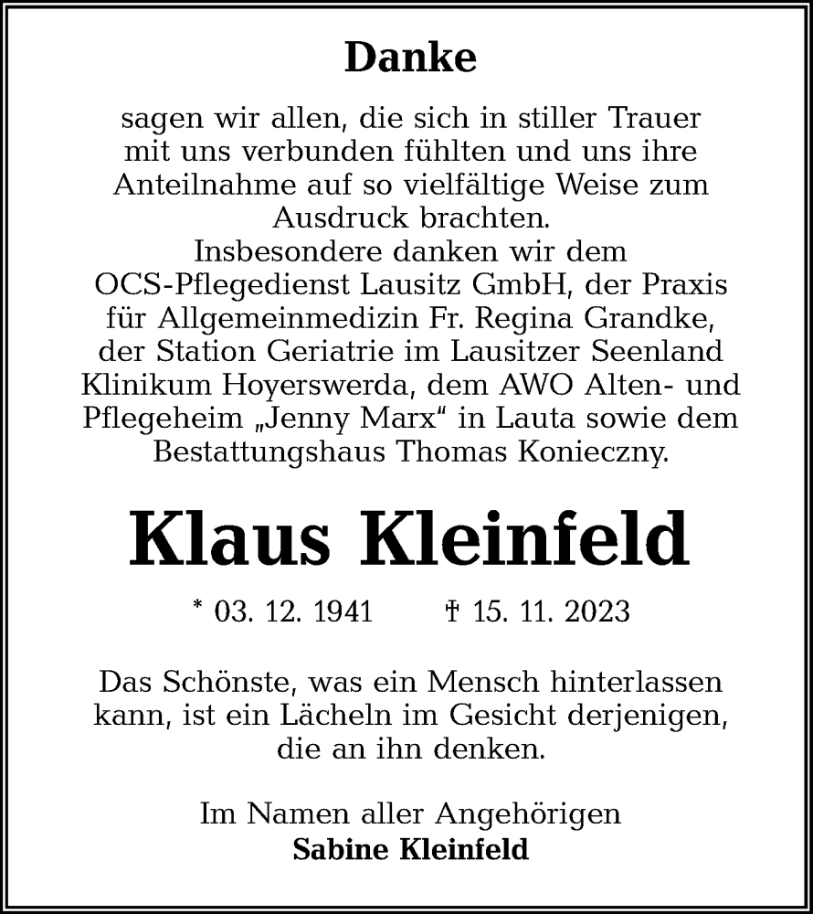  Traueranzeige für Klaus Kleinfeld vom 09.12.2023 aus Lausitzer Rundschau
