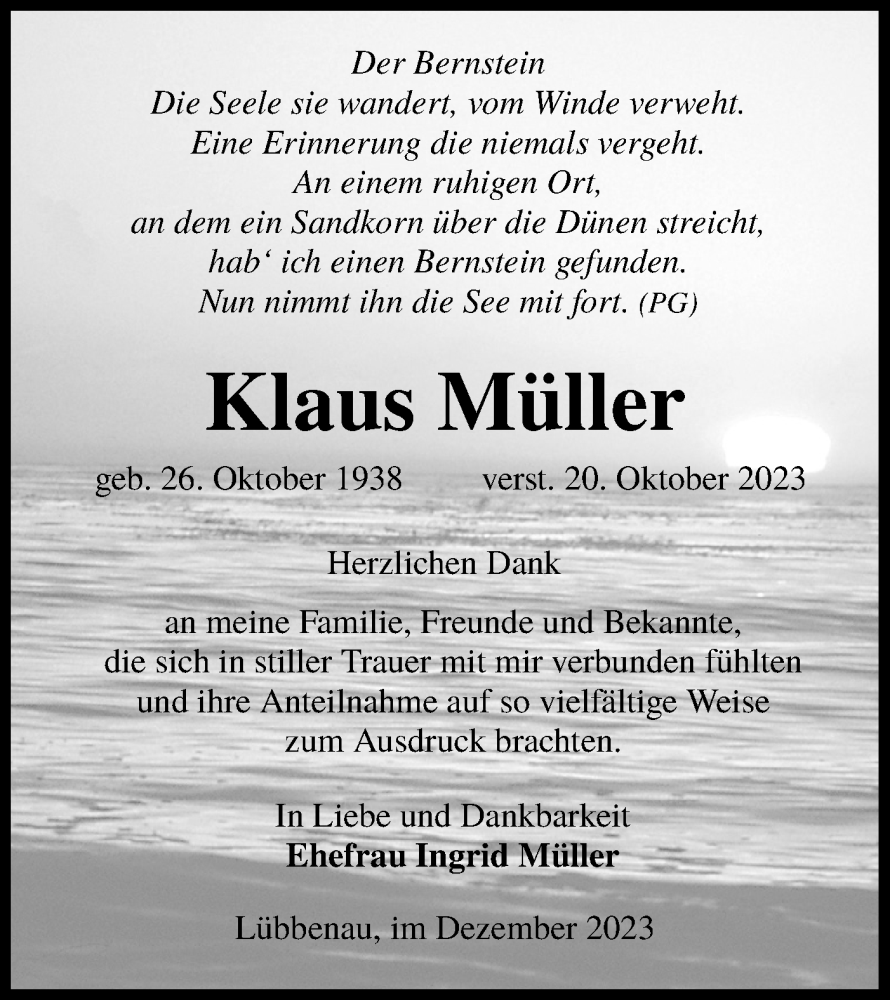  Traueranzeige für Klaus Müller vom 02.12.2023 aus Lausitzer Rundschau