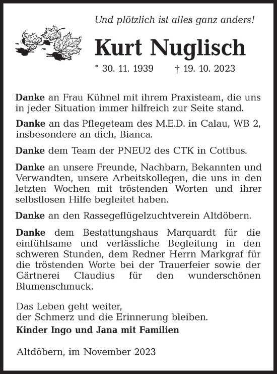 Traueranzeige von Kurt Nuglisch von Lausitzer Rundschau