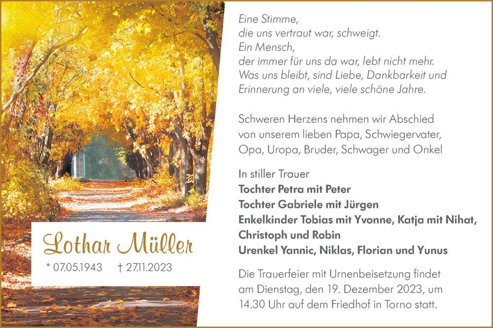  Traueranzeige für Lothar Müller vom 09.12.2023 aus Lausitzer Rundschau