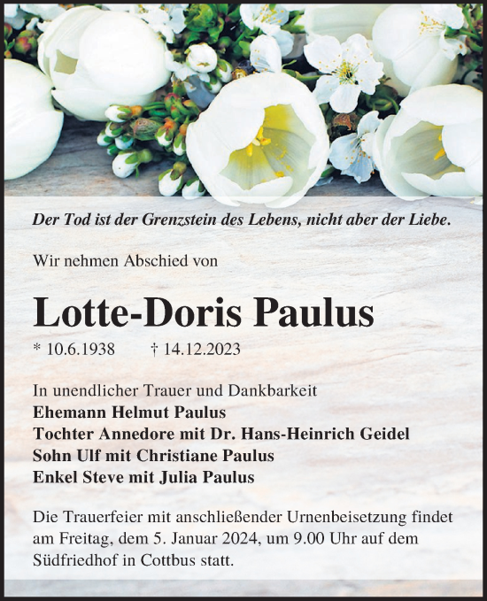 Traueranzeige von Lotte-Doris Paulus von Lausitzer Rundschau