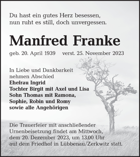 Traueranzeige von Manfred Franke von Lausitzer Rundschau
