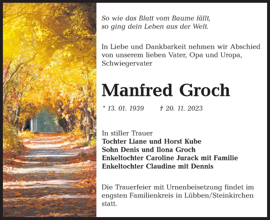 Traueranzeige von Manfred Groch von Lausitzer Rundschau