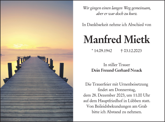 Traueranzeige von Manfred Mietk von Lausitzer Rundschau