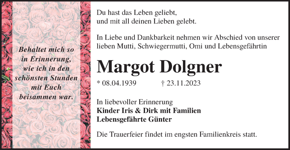  Traueranzeige für Margot Dolgner vom 02.12.2023 aus Lausitzer Rundschau