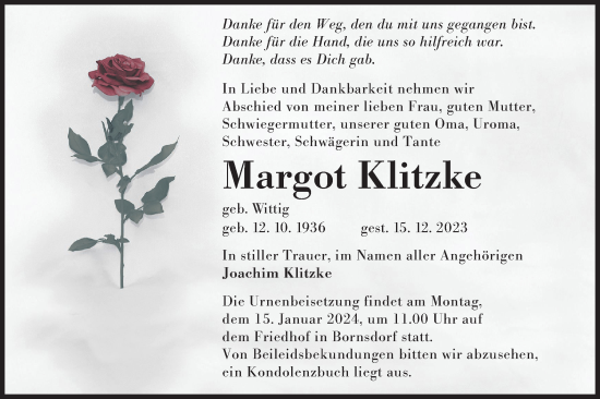 Traueranzeige von Margot Klitzke von Lausitzer Rundschau