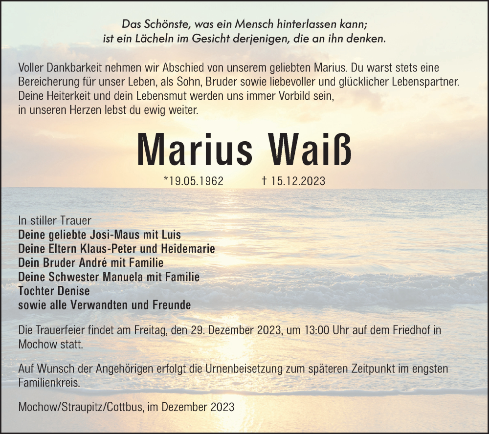  Traueranzeige für Marius Waiß vom 23.12.2023 aus Lausitzer Rundschau
