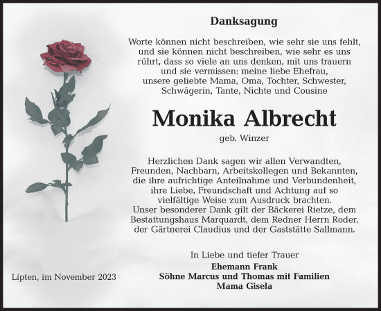 Traueranzeige von Monika Albrecht von Lausitzer Rundschau