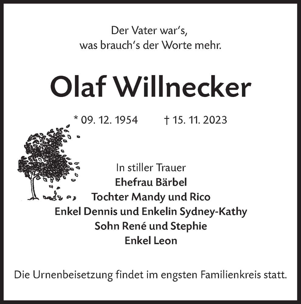  Traueranzeige für Olaf Willnecker vom 02.12.2023 aus Lausitzer Rundschau