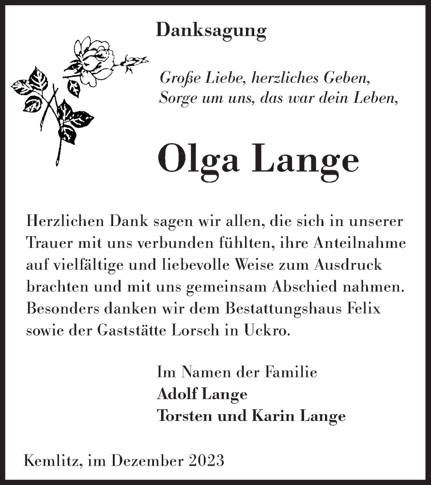  Traueranzeige für Olga Lange vom 16.12.2023 aus Lausitzer Rundschau