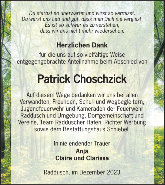 Traueranzeige von Patrick Choschzick von Lausitzer Rundschau