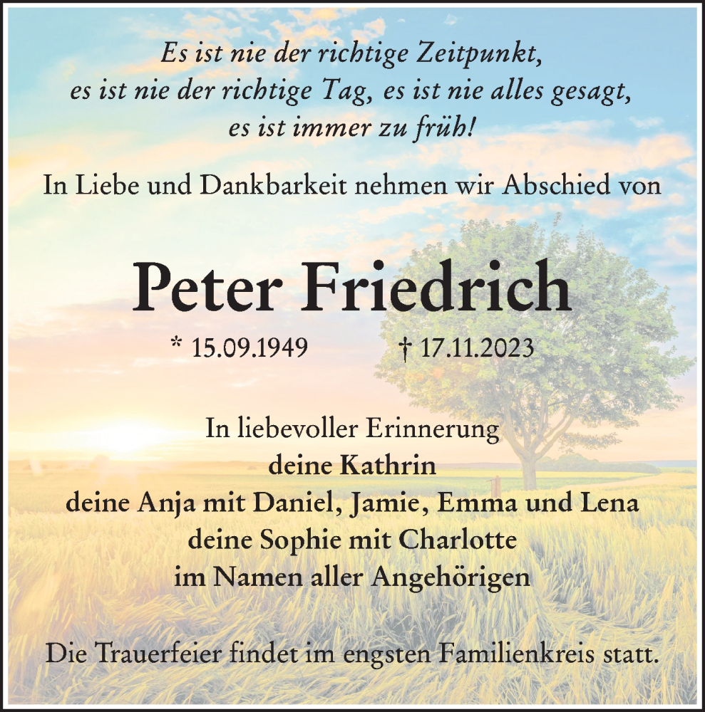  Traueranzeige für Peter Friedrich vom 02.12.2023 aus Lausitzer Rundschau