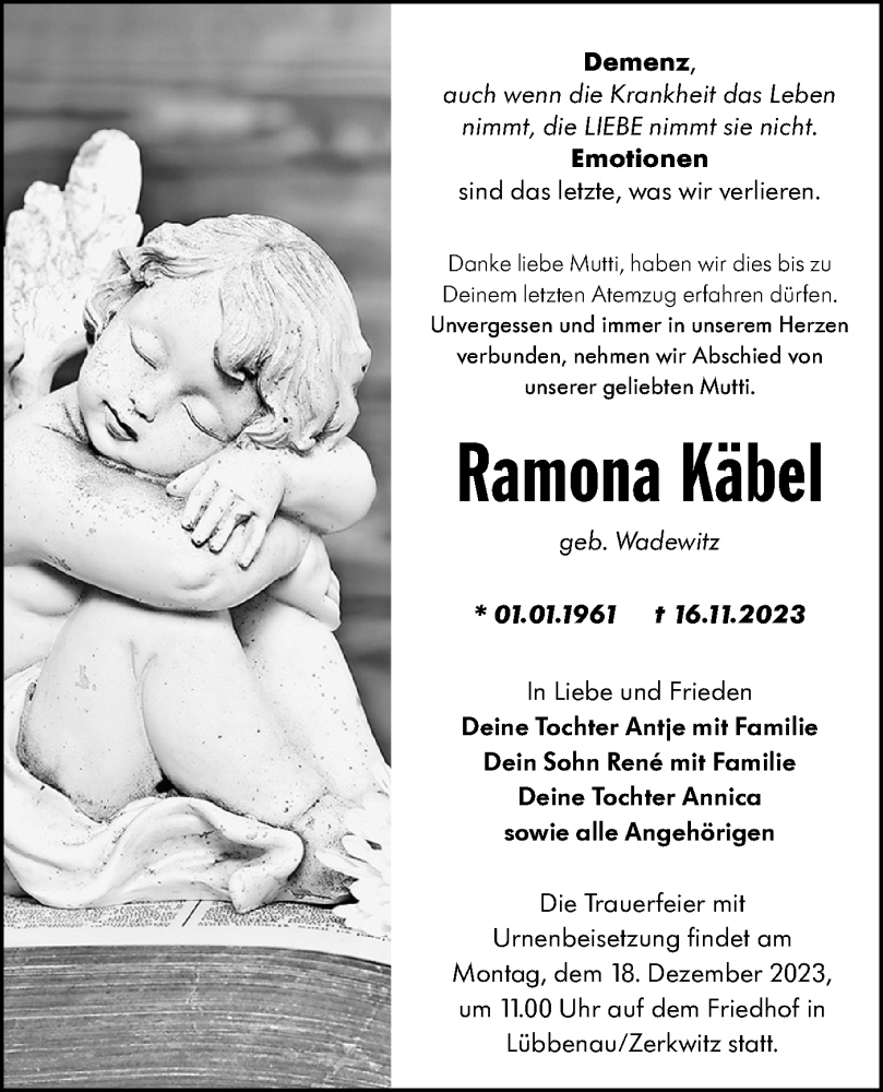  Traueranzeige für Ramona Käbel vom 02.12.2023 aus Lausitzer Rundschau